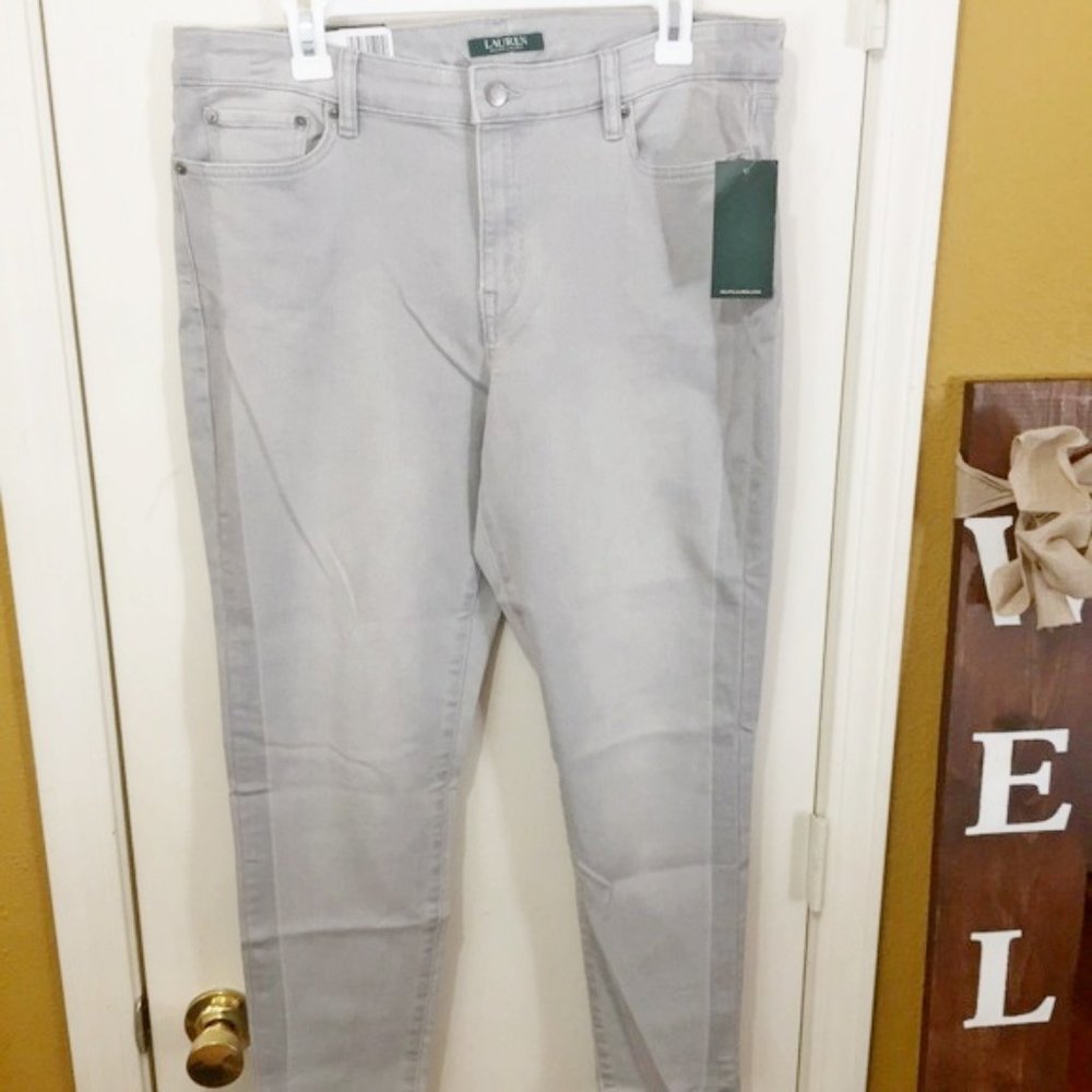 LRL women's size 14 block wash stretch raw hem cropped skinny jeans 35x27 35x25